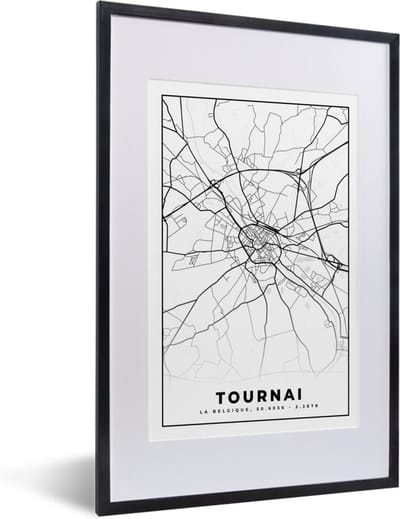 Fotolijst incl. Poster Zwart Wit- Zwart Wit – België – Plattegrond – Stadskaart – Kaart – Tournai - 40x60 cm - Posterlijst