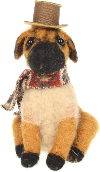 Hond bruin met hoed vilt 7x8x12cm