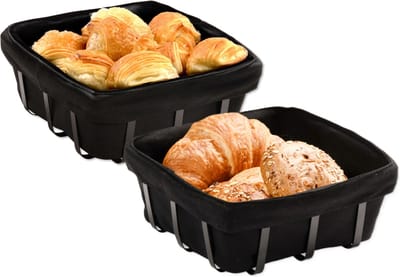 Kesper Broodmandje met stof - 2x - metaal/peva - zwart - vierkant - D22 x H9 cm
