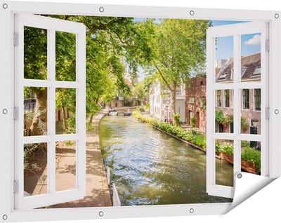 Gards Tuinposter Doorkijk Oudegracht in Utrecht - 120x80 cm - Tuindoek - Tuindecoratie - Wanddecoratie buiten - Tuinschilderij