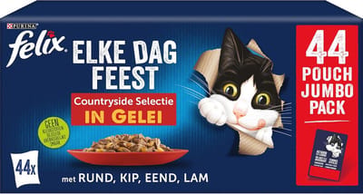 Kattenvoer in Gelei voor Volwassen Katten - Rund, Kip, Eend en Lam - 44 Portiezakjes - 3,7kg