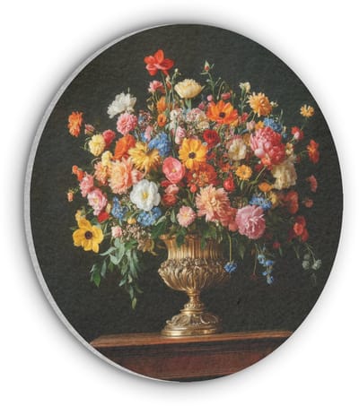 Akoestisch wandpaneel rond 50x50 cm - Vilt schilderij Goud - Bloemen - Kleuren - Vaas - Ronde akoestische panelen - Geluidsdempende wanddecoratie - Geluidsisolatie wandcirkel - Muurdecoratie geluidspanelen