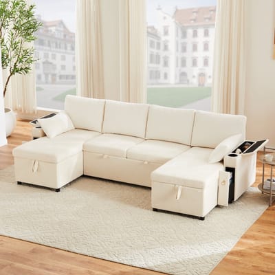 MODFU U-Vormige Slaapbank - Modulair Met Opbergruimte En Bekerhouders - Modern - Woonkamer - Chenille En Ribstof - Beige