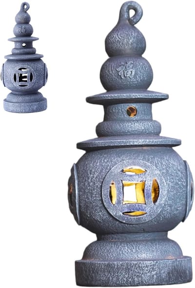 Stenen Tuinlantaarn - Pagode Beeld - Sfeerverlichting Buiten - Op Zonne-energie - 40 cm Hoog - Lichtgrijs