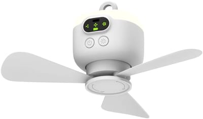 Kampeerventilator 8000mAh op batterijen, draagbare, oplaadbare tentventilator met afstandsbediening, plafondventilatorlamp met 3 afneembare ventilatorbladen, timer, 4 snelheden met afstandsbediening geschikt voor buiten, wit