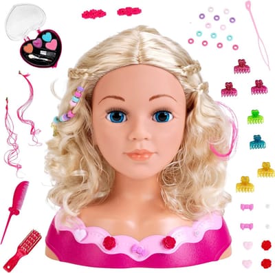 TIM® Kaphoofd voor Meisjes - Sminkpop Met Make up Voor Kinderen - Makeup pop - Kappop - Schminkpop voor Meisjes - Opmaakpop / Kapkop met Haar Accessoires - Speelgoed Kaphoofd - Roze - ‎24cm x 13cm x 27cm
