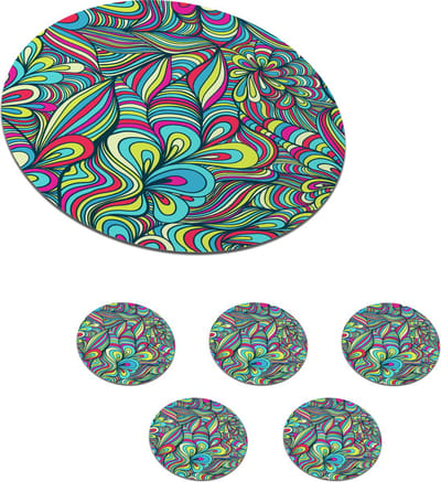 Onderzetters voor glazen - Rond - Fantasy - Design - Kleuren - Retro - 10x10 cm - Glasonderzetters - 6 stuks