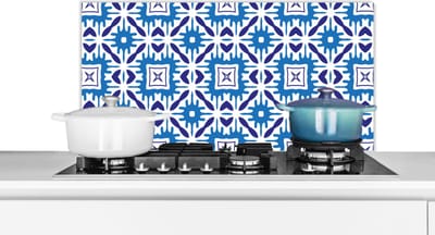 Spatscherm keuken 90x45 cm - Kookplaat achterwand Vector - Blauw - Tegels - Patronen - Muurbeschermer - Spatwand fornuis - Hoogwaardig aluminium