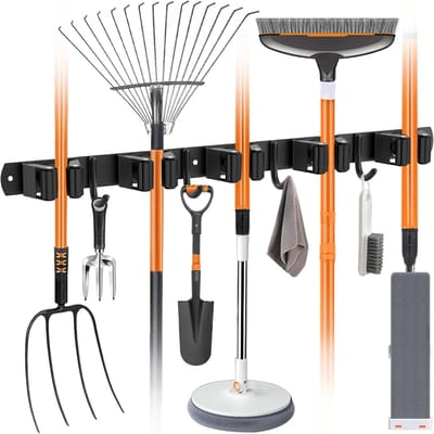 Famanu – Bezemhouder set van 1 – RVS zelfklevend met 5 houders en 4 haken, compacte organizer voor één zone – Voor bezem (zwart)