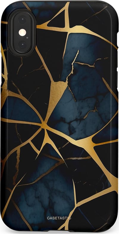 Casetastic hoesje geschikt voor Apple iPhone X / Apple iPhone XS - Dubbellaagse bescherming - Sterrennacht Marmer Goud - Fashion Case - Zwart Goud Donkerblauw