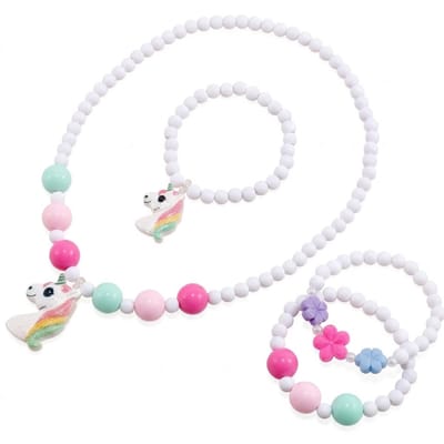 Wit pastel kralen ketting dames en meisjes met eenhoorn bedels – kralen ketting set met meerdere bijpassende kralen armbanden elastisch
