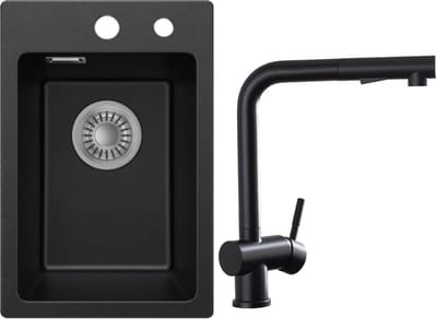 CECIPA max Granieten Spoelbakken 30x45cm Zwart - Spoelbakken Keuken Met Keukenkraan Met Uittrekbare Uitloop - Wasbak Keuken - Met Kraangat - incl. Afvoerzeefje en Sifon