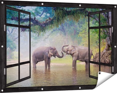 Gards Tuinposter Doorkijk Twee Olifanten in het Water - 120x80 cm - Tuindoek - Tuindecoratie - Wanddecoratie buiten - Tuinschilderij