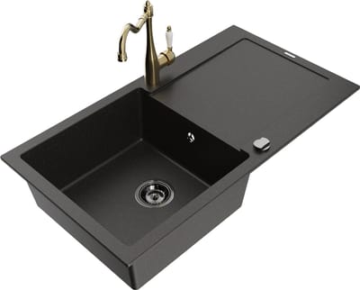 Mexen Leo granieten gootsteen 1-kom met afdruiprek en keukenmengkraan Carla, zwart/goud metallic - 6501-75-670700-50-B