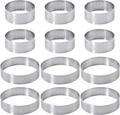 Set van 12 perforated dessertringen van roestvrij staal voor mousse, taarten en mini pizza's, ideaal voor bakken en presenteren van desserts