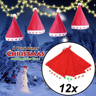 Decopatent - 12 STUKS MIX Kerstmutsen met Verlichting - Kerstmuts met Lichtjes - Kerstmuts met LED-verlichting - Christmas Cap with Light - Kerst muts Volwassenen met Lampjes - INCLUSIEF Batterijen