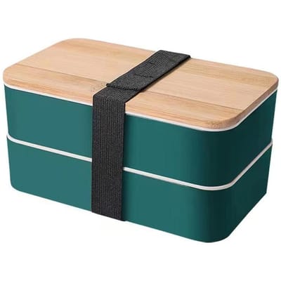 Dubbellaagse Bento Box Multifunctioneel Houten Deksel Compartiment Bento Lunchbox voor Werk School Thuis groen