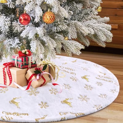 Ronde Kerstboomdeken van 120 cm met Gouden Pailletten en Sneeuwvlokken - Luxe Pluche Kerstboomrok voor Feestelijke Decoratie en Warme Sfeer