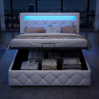 Tweepersoonsbed 140x200 Abrikoos Stof – Opklapbed met Opbergruimte, LED, USB & Gasveer – Gestoffeerd Bed
