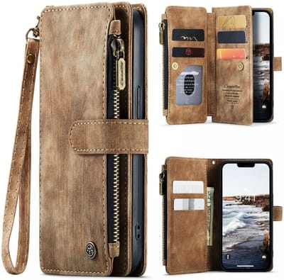 CaseMe C30 Hoesje Geschikt voor Apple iPhone 15 | Wallet Zipper Book Case met Pasjeshouder | Beschermhoes met Portemonnee | Bruin