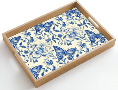 Dienblad hout 50x35 cm - Schootdienblad - Vlinders - Bloemen - Blauw - Botanisch - Borrelplank rechthoek - Plateau dienbladen