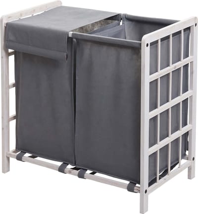 Wasbak MCW-B60, Wasbox wasmand, massief hout 2 vakken 60x60x33cm 68l ~ shabby white, grijs deksel