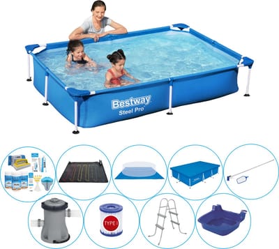 Steel Pro Rechthoekig Zwembad - 221 x 150 x 43 cm - Blauw - Deluxe Set
