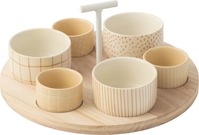 J-Line tapasplank 6 kommen + bambouschaal In Doos - keramiek/hout - wit/creme