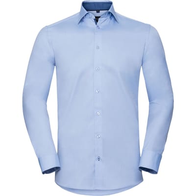 Russell Heren Formeel Overhemd met Contrast Visgraatsteek Getailleerde Lange Mouwen (Lichtblauw/Middenblauw/Bright Navy)