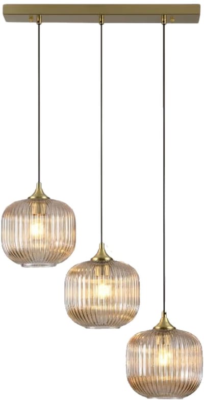Lusenz - Hanglamp eettafel - 3 Lichts amber glas - Goud - Rechthoek - Ovale lampenkap - Voor woonkamer, slaapkamer, gang, zolder en hal - Hoogte verstelbaar - E27 Fitting - Dimbaar - Klassiek