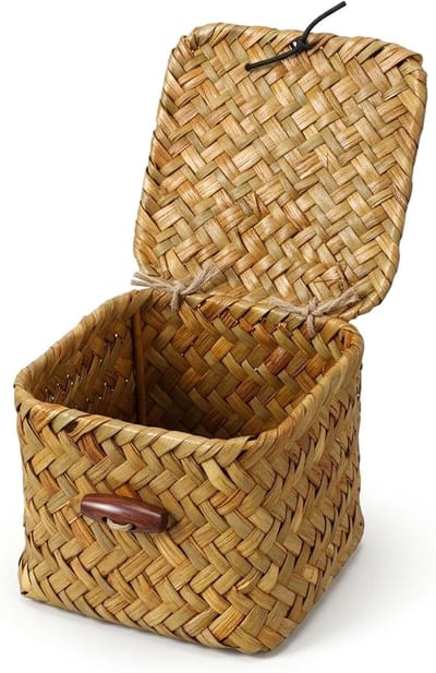 Opbergmand met deksel van zeegras, natuurlijk, handgeweven, plankmanden, rieten manden, bureau, make-up, organizer voor planken, snacks, handdoeken