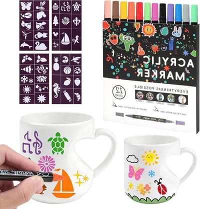 Keramisch Schilderset voor Volwassenen met 2 Hartvormige Mokken, 12 Kleurige Markers en Stencils voor Creatieve DIY Projecten