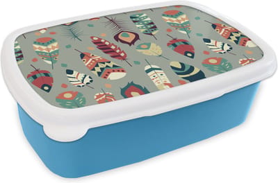 Broodtrommel Blauw - Lunchbox - Brooddoos - Tieners - Veren - Patronen - 18x12x6 cm - Kinderen - Jongen