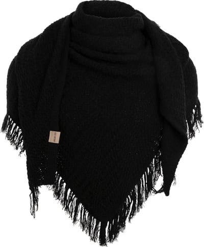 Knit Factory Amber Gebreide Omslagdoek - Driehoek Sjaal Dames - Dames sjaal - Wintersjaal - Stola - Wollen sjaal - Zwarte wintersjaal - Zwart - 190x85 cm - Sjaal met franje