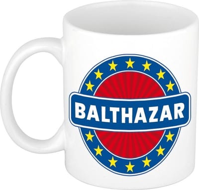 Bellatio Decorations - Balthazar voornaam - koffiemok - beker - wit/blauw - 300 ml - Cadeau - Heren - Collega - Vaderdag - Verjaardag