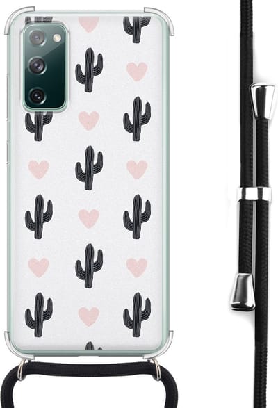 Hoesje met koord - Geschikt voor Samsung Galaxy S20 FE - Cactus - Verstelbaar zwart koord - Crossbody - Planten - Transparant, Groen - Leuke Telefoonhoesjes