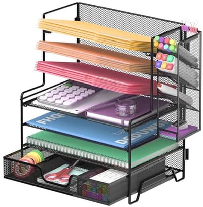 7-laags Bureau File Organizer met Pen Houder en Lades voor Kantoor en Thuis, Metalen Desktop Organizer in Zwart