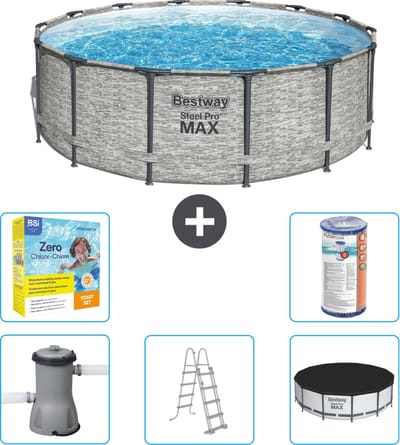 Bestway Rond Steel Pro MAX Zwembad - Steenprint - 427 x 122 cm - Inclusief Pomp - Ladder - Afdekzeil Onderhoudspakket - Filter