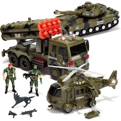3-in-1 Wrijvingsaangedreven Sirene Legervoertuig Speelgoed met Actiefiguren Militaire Vrachtwagen Ontworpen voor Kinderen Beste Verjaardag Kerstcadeau black
