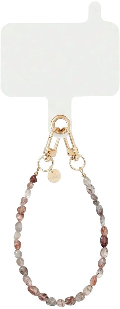 xoxo Wildhearts telefoonkoord met clip - Soft Taupe - Kort koord - Geschikt voor iPhone - Geschikt voor Samsung - Phone cord met koord clip - Easy Cord - Telefoonketting - Bruine kralenketting met steentjes