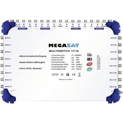 MegaSat 0600155 Satelliet multiswitch Ingangen (satelliet): 17 (16 satelliet / 1 terrestrisch) Aantal gebruikers: 16