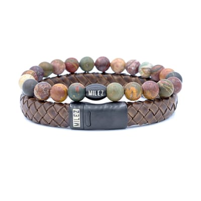 Milez - Armband set mannen - armband heren leer kralen - Bruin/multi- Maat S