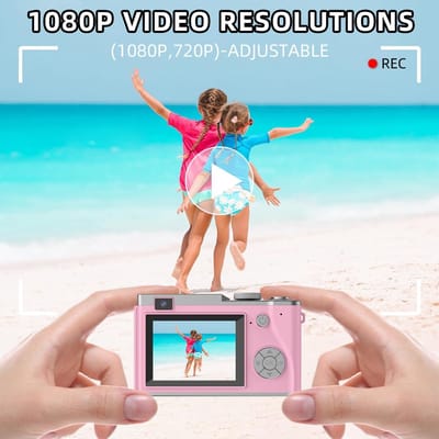 Digitale kindercamera - Kindercamera cadeau met 32 ​​GB SD-kaart, 16x zoom, HD-video, compacte kleine camera voor kinderen, jongens en meisjes, perfect voor Kerstmis en verjaardagen (roze)