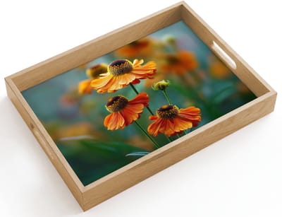 Dienblad hout 40x30 cm - Schootdienblad - Oranje bloemen - Levendig - Wazige achtergrond - Borrelplank rechthoek - Plateau dienbladen