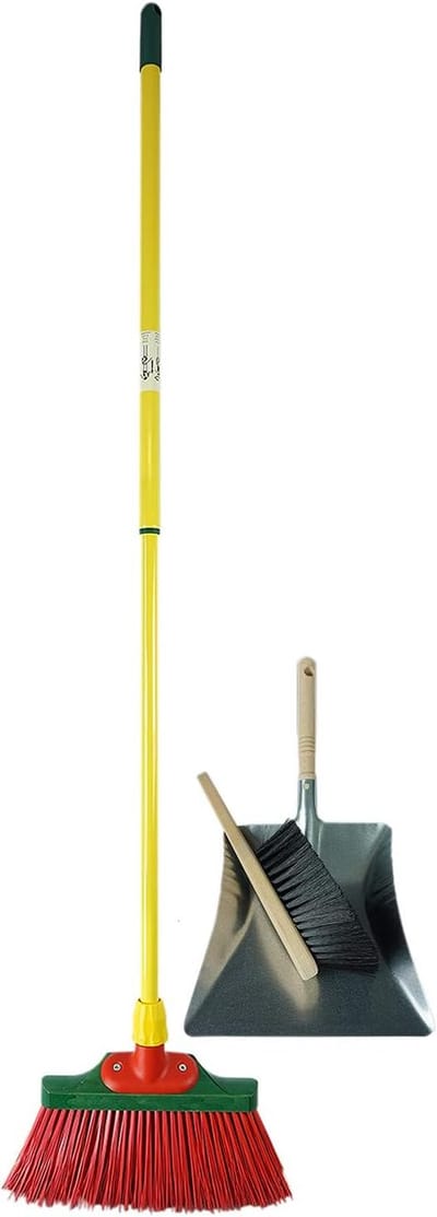 Klauwbezemset 30 cm hout met telescopische steel, handborstel en schep (1, klauwborstel + stoffer en blik set verzinkt)