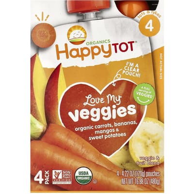 Happy Family Organics, Happy Tot, Love My Veggies, Carotte, Banane, Mangue et Patate Douce, 4 Compotes - 120 g (4,22 oz) chaque