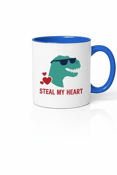Dino Mok 'Steal My Heart' - Valentijn Cadeau Beker met Grappige Dinosaurus, Harten & Blauwe Rand