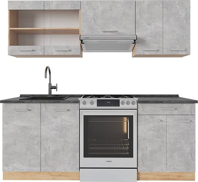 Vicco R-Line Complete keukeneenheid – 200 cm, WB Antraciet Beton/gouden eik