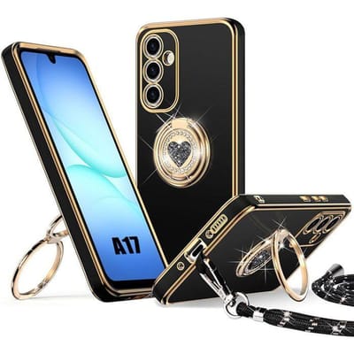 Hoesje voor Samsung Galaxy A17 4G/5G, Zachte Siliconen met Ring Hartpatroon en Koord - Zwart zwart