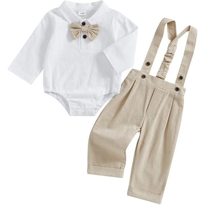 Baby Jongen Gentleman Outfit Herfst Reverskraag Lange Mouwen Romper met Elastische Taille Broek met Bretels voor Bruiloft Podium 0-3M kaki